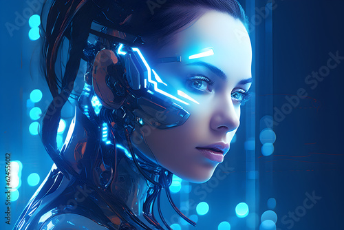 Portrait of a Cyborg Ai Women with blue light stripes, generative ai 
