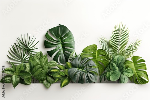 Horizontal artwork composition of trendy tropical green leaves - monstera, palm and ficus elastica isolated on white background