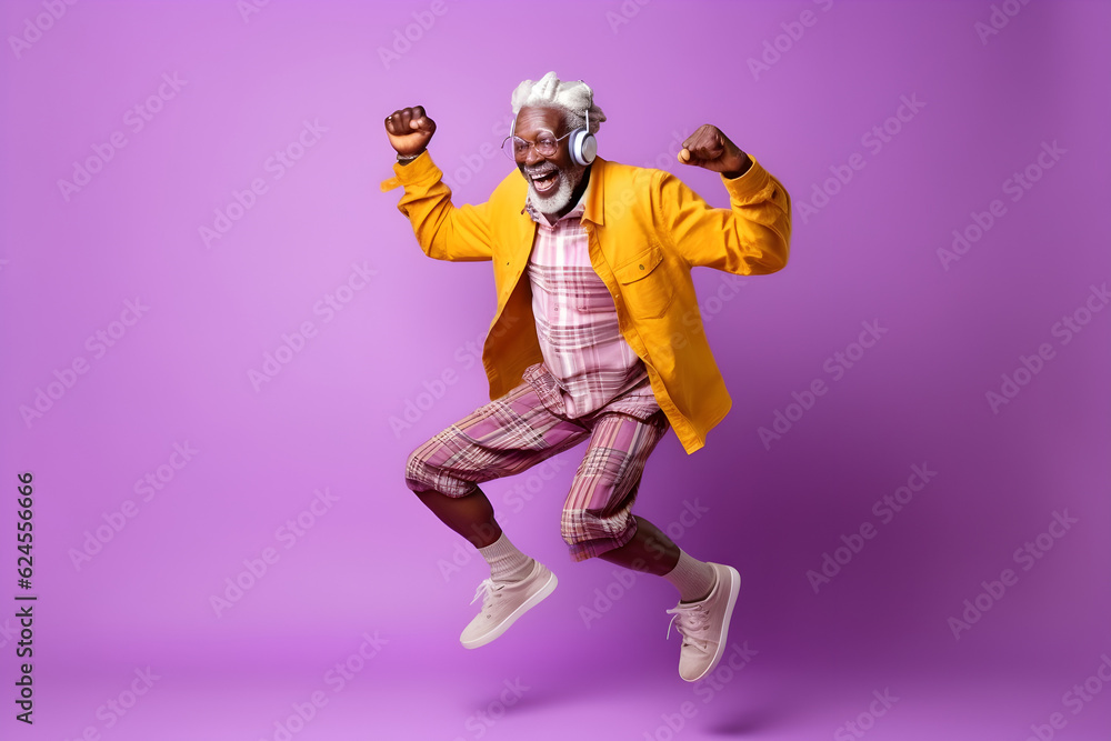 happy old stylisch black man jumping and dancing in front of a violette background in a dress, generative ai