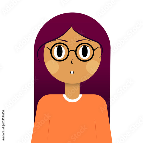 Niña con lentes- Expresión seria- Joven con gafas- Ilustración infantil. photo