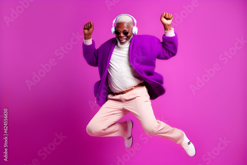 happy old stylisch black man jumping and dancing in front of a violette background in a dress, generative ai