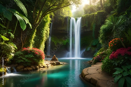 ethereal beauty of a waterfall nestled within a lush tropical jungle - AI Generative
