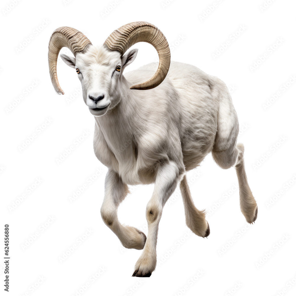 a Dall Sheep (Ovis dalli dalli) ram with full curl, in motion, running jumping in a Wildlife-themed, photorealistic illustration in a PNG, cutout, and isolated. Generative AI a Dall Sheep (Ovis dalli dalli) ram with full curl, in motion, running jumping in a Wildlife-themed, photorealistic illustration in a PNG, cutout, and isolated. Generative AI