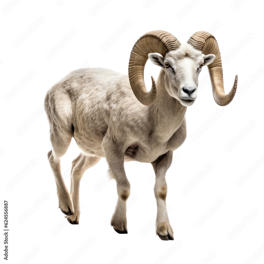 a Dall Sheep (Ovis dalli dalli) ram with full curl, in motion, running jumping in a Wildlife-themed, photorealistic illustration in a PNG, cutout, and isolated. Generative AI a Dall Sheep (Ovis dalli dalli) ram with full curl, in motion, running jumping in a Wildlife-themed, photorealistic illustration in a PNG, cutout, and isolated. Generative AI