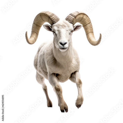 a Dall Sheep (Ovis dalli dalli) ram with full curl, in motion, running jumping in a Wildlife-themed, photorealistic illustration in a PNG, cutout, and isolated. Generative AI