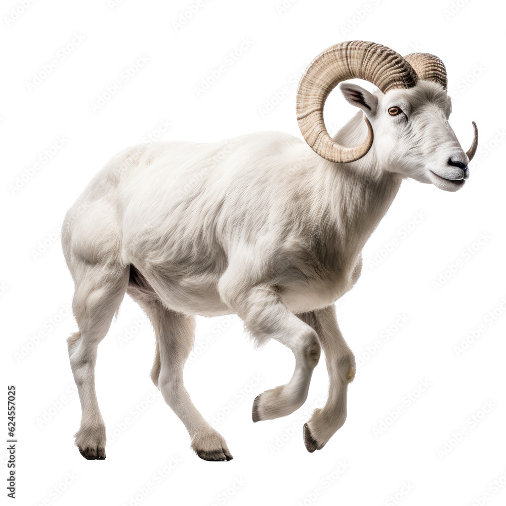 a Dall Sheep (Ovis dalli dalli) ram with full curl, in motion, running jumping in a Wildlife-themed, photorealistic illustration in a PNG, cutout, and isolated. Generative AI a Dall Sheep (Ovis dalli dalli) ram with full curl, in motion, running jumping in a Wildlife-themed, photorealistic illustration in a PNG, cutout, and isolated. Generative AI