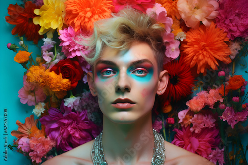 Generative Carnival gender with magnificent makeup with colorful flower background, generative ai, ai