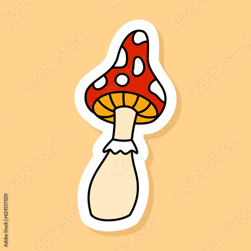Vector retro fly agaric sticker isolated on yellow background. 70s style cartoon icon with white contour photo