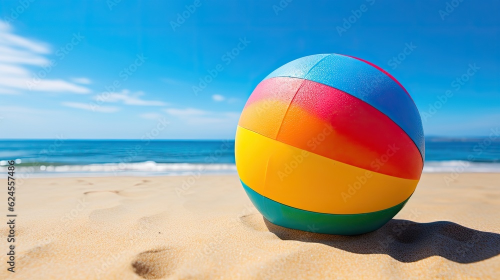 Beach balls on the sand with the ocean and graphics in a Summer-themed image as a JPG horizontal format. Generative AI