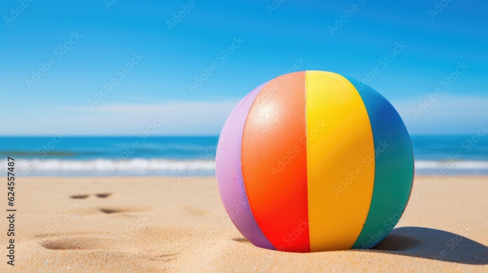 Beach balls on the sand with the ocean and graphics in a Summer-themed image as a JPG horizontal format. Generative AI