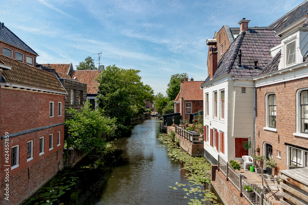Summer cityscape with architecture traditional canal houses, Appingedam is a city and former municipality in the northeastern Netherlands, The small town in Groningen known as The Venice of the North.