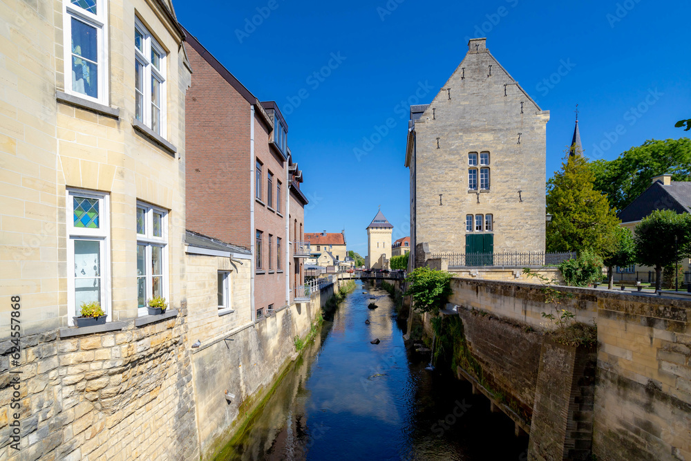 Summer cityscape of Valkenburg aan de Geul with kleine (small) geul ...