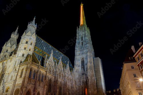 Cityscape view of St. Stephen's Cathedral in night time, The mother church of the Roman Catholic Archdiocese of Vienna and the seat of the Archbishop of Vienna, Christoph Cardinal Schönborn, Austria.