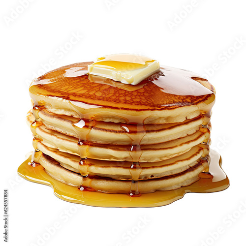 Foto a stack of delicious pancakes with melting butter and maple syrup, cooked to perfection,  breakfast, Food-themed, photorealistic illustration in a PNG, cutout, and isolated