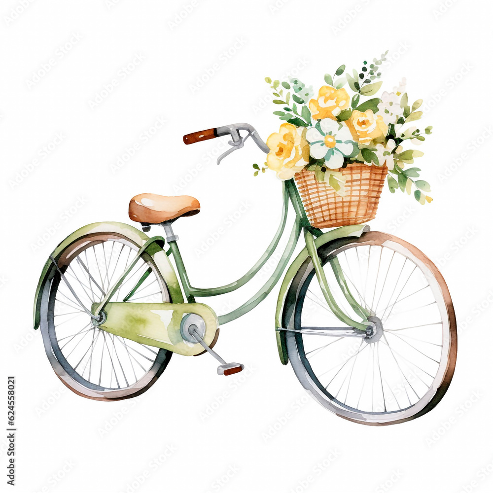 watercolor illustration of a bicycle with flowers isolated on white background. Vintage style