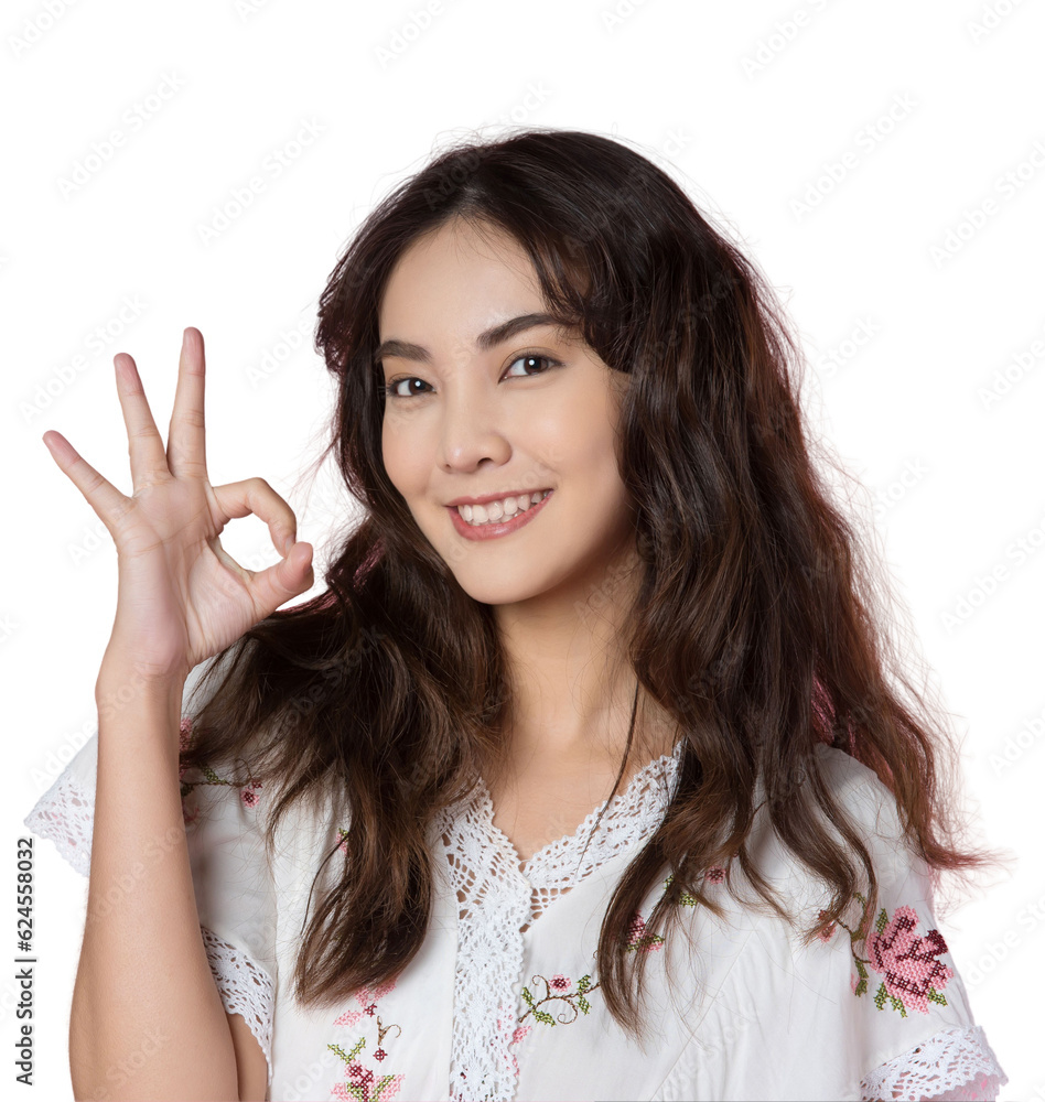 Young Asian woman showing ok sign on hand isolated background Young Asian woman showing ok sign on hand isolated background