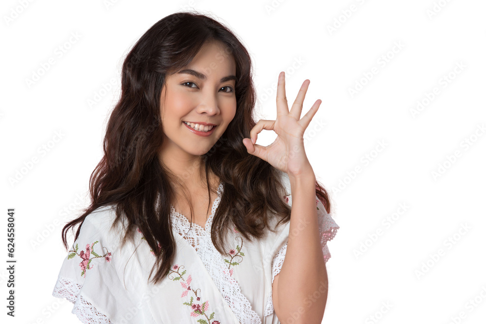 Young Asian woman showing ok sign on hand isolated background Young Asian woman showing ok sign on hand isolated background