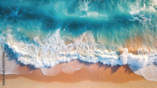 Aerial Beach View with tropical sand and smooth waves, generative ai 