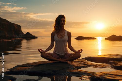 Serenity by the Seashore. Woman practicing yoga at the seashore during sunset. Tranquility and inner peace concept. AI Generative