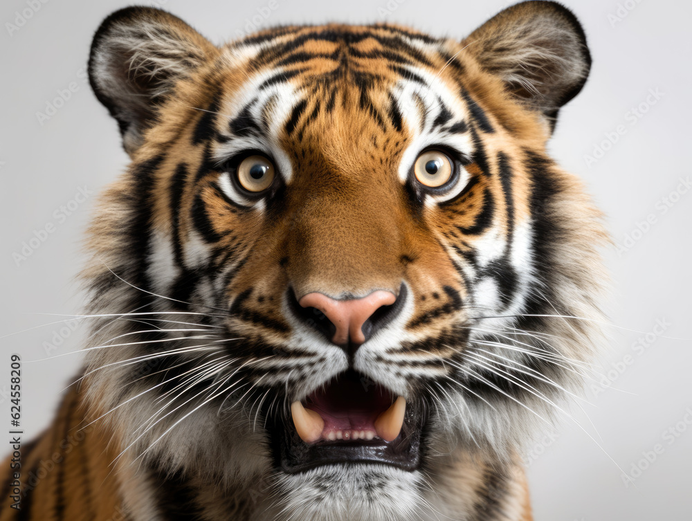 Cute confused wild tiger portrait and white background. Generative AI