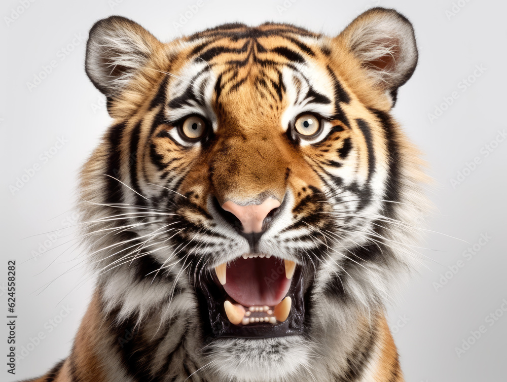 Fototapeta premium Aggressive wild tiger portrait and white background. Generative AI