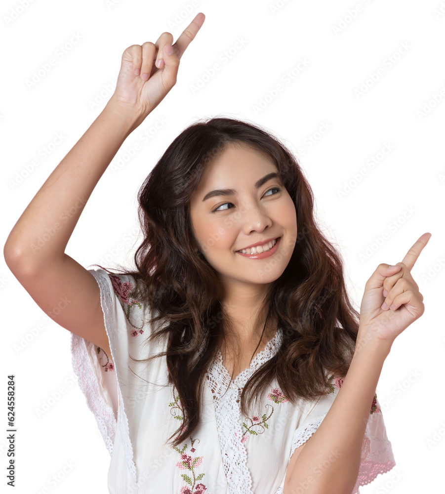 Young Asian woman pointing fingers up to empty space isolated background Young Asian woman pointing fingers up to empty space isolated background
