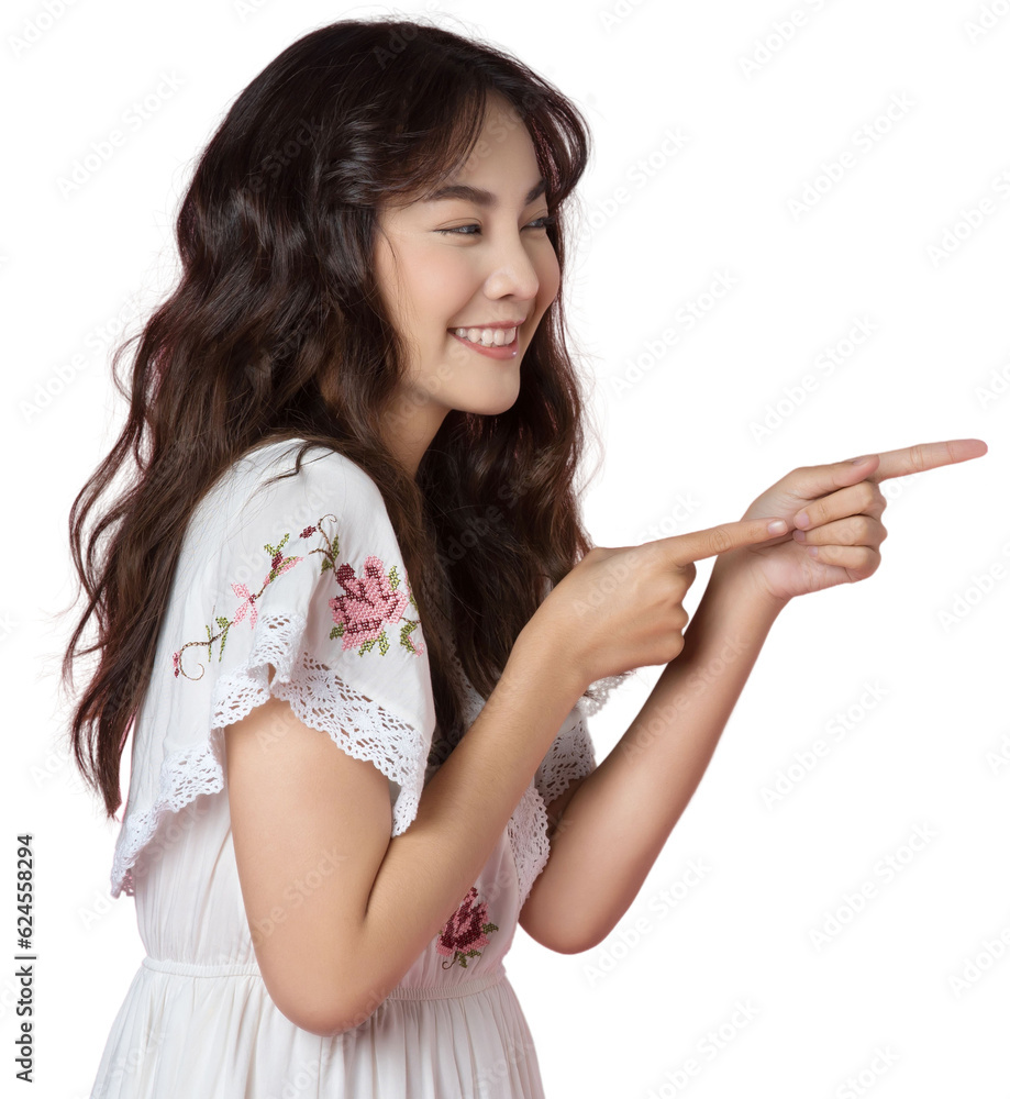 Young Asian woman pointing fingers up to empty space isolated background Young Asian woman pointing fingers up to empty space isolated background