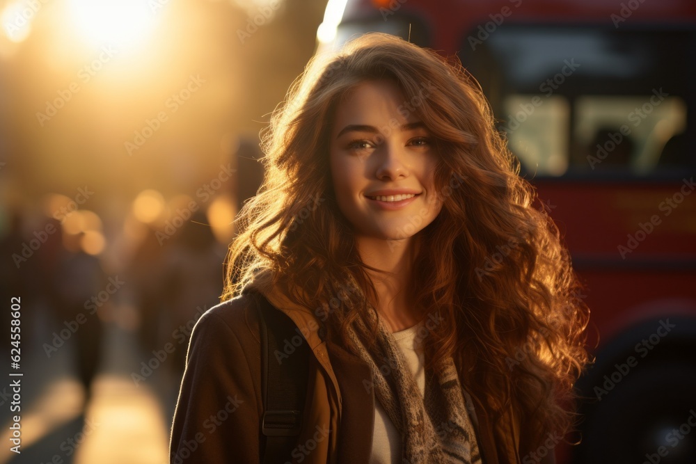High school student female on a blurred background of the bus. Back To School concept. Background with selective focus High school student female on a blurred background of the bus. Back To School concept. Background with selective focus