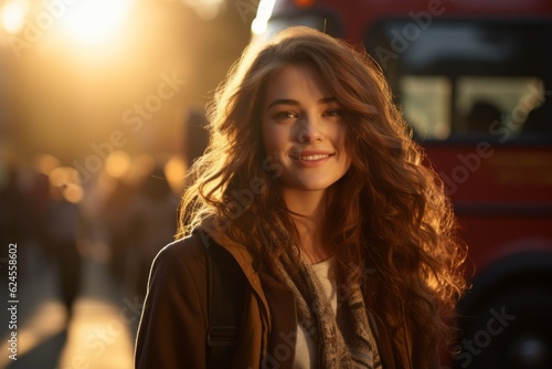 High school student female on a blurred background of the bus. Back To School concept. Background with selective focus