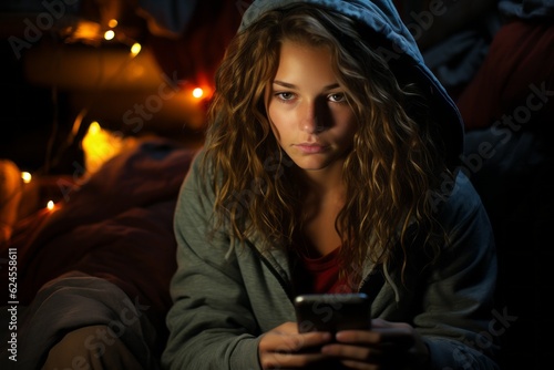 Young pretty woman at night before going to bed with phone, insomnia concept. Background with selective focus