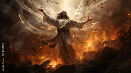 Judgment Day. Angry God stands against the backdrop of blazing fiery sky. Religious apocalypse AI