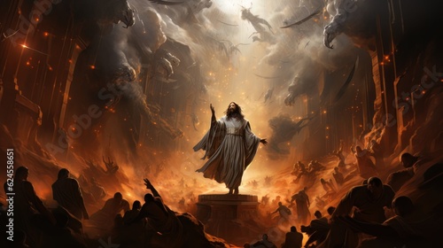 Judgment Day. Angry God stands against the backdrop of blazing fiery sky. Religious apocalypse AI photo