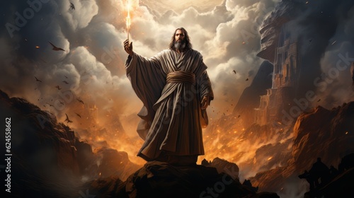 Judgment Day. Angry God stands against the backdrop of blazing fiery sky. Religious apocalypse AI