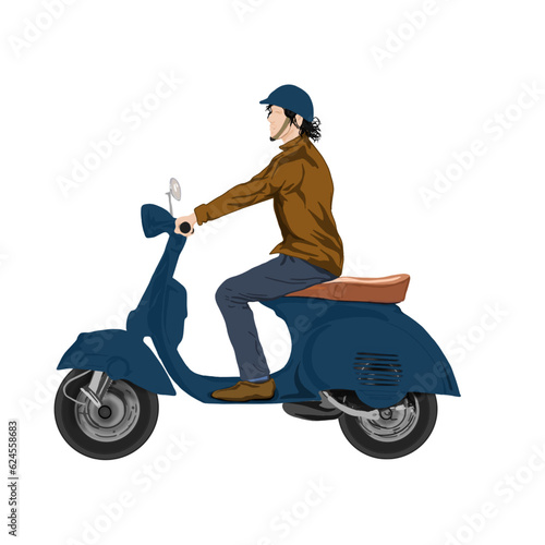 man driving a blue scooter on a white background