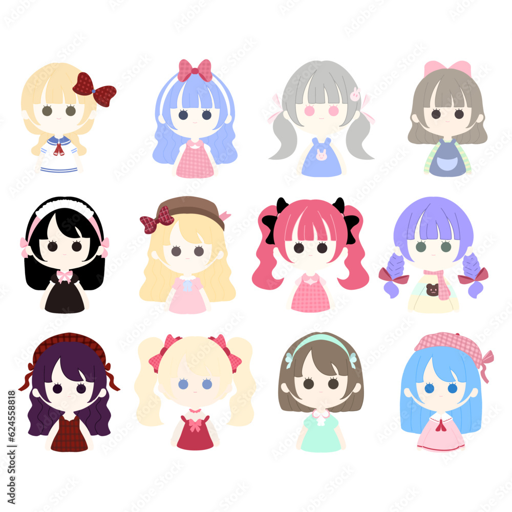 2D drawing of children girls. faces of girls on white background. 2D drawing of children girls. faces of girls on white background.