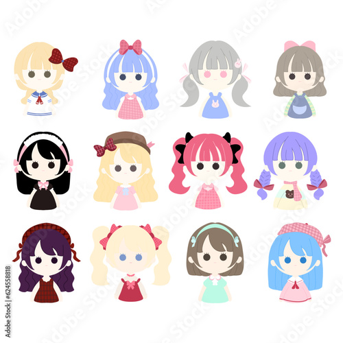  2D drawing of children girls. faces of girls on white background.