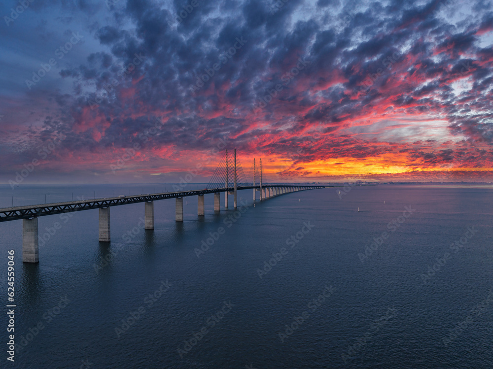 Panoramic aerial close up view of Oresund bridge over the Baltic sea between Malmo city in Sweden and Copenhagen in Denmark.