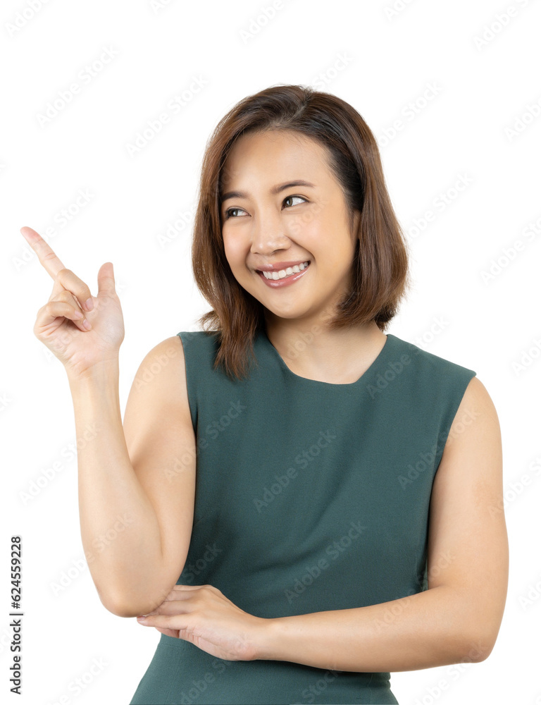 Young smiling Asian woman pointing finger sideways to copy space Young smiling Asian woman pointing finger sideways to copy space