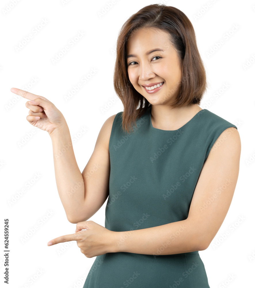 Young smiling Asian woman pointing finger sideways to copy space Young smiling Asian woman pointing finger sideways to copy space