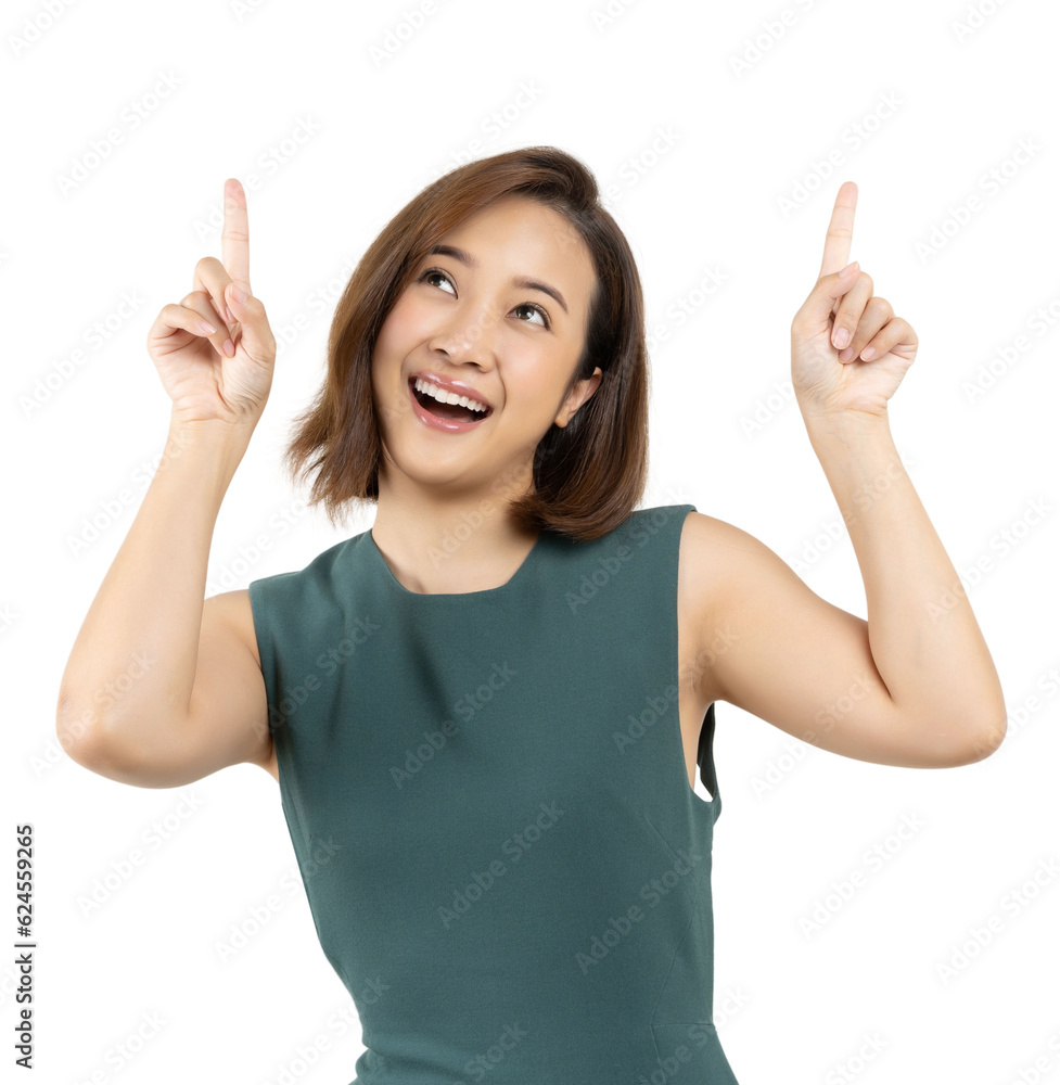 Young smiling Asian woman pointing finger sideways to copy space Young smiling Asian woman pointing finger sideways to copy space