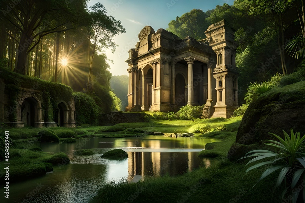 Ancient ruins hidden deep within the jungle - AI Generative Ancient ruins hidden deep within the jungle - AI Generative