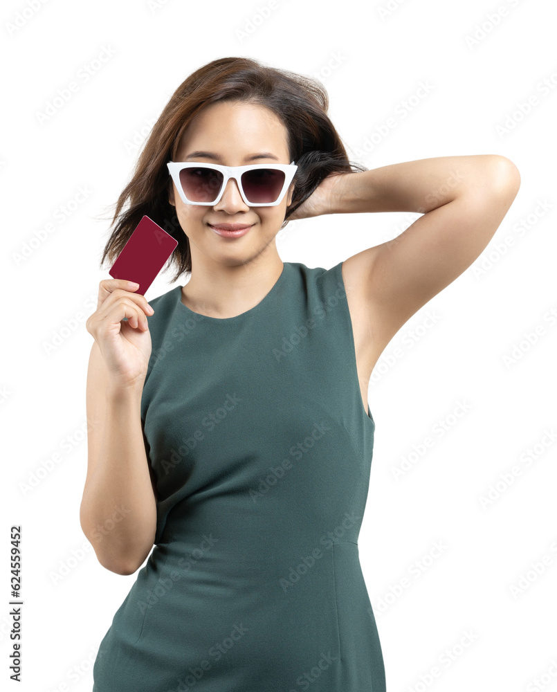 Young beauty Asian woman shopping payment online with credit card on smartphone studio shot on a white background. Young beauty Asian woman shopping payment online with credit card on smartphone studio shot on a white background.