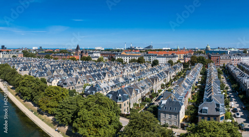 Aerial view of the rooftops of Kartoffelraekkerne neighborhood, in Oesterbro, Copenhagen, Denmark. The neighbourhood built in the late 1800s for working class families