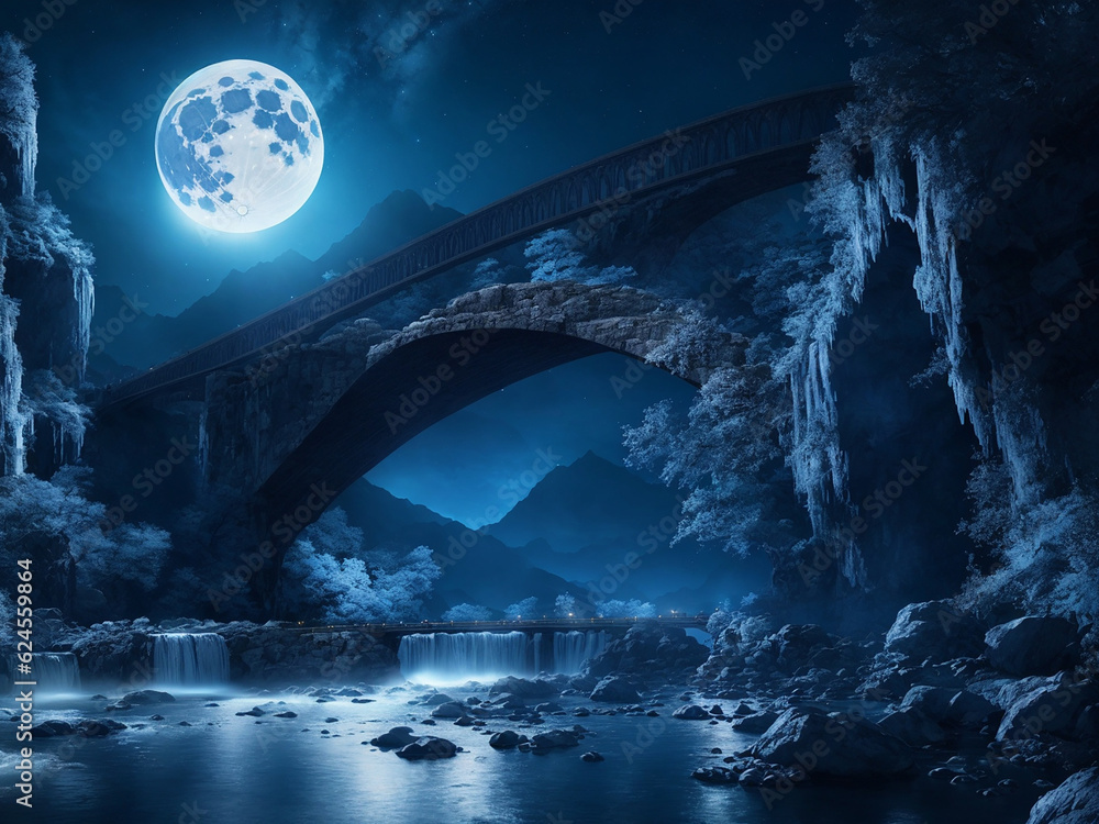 A majestic bridge between tow rocks in a full moon night - AI Generative