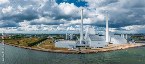 Aerial view of the Power station. One of the most beautiful and eco friendly power plants in the world. ESG green energy in Copenhagen, Denmark.