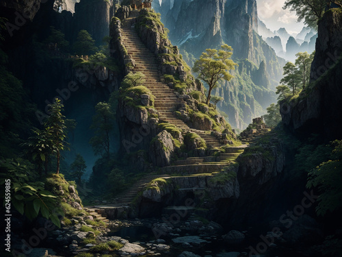 A majestic mountain in the middle of a fairytale jungle with rocky staircase - AI Generative © Being Imaginative