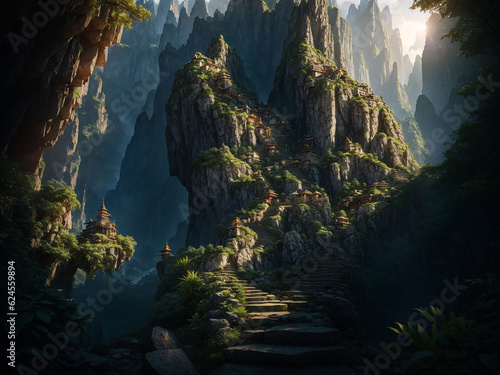 A majestic mountain in the middle of a fairytale jungle with rocky staircase - AI Generative
