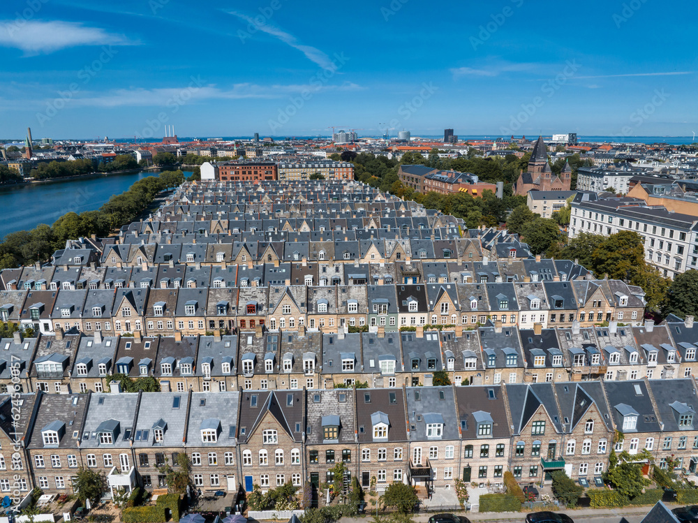 Aerial view of the rooftops of Kartoffelraekkerne neighborhood, in Oesterbro, Copenhagen, Denmark. The neighbourhood built in the late 1800s for working class families