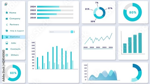 Website Dashboard Showing Graphs, Charts and Statistics. Admin statistical Web page with Business Data and Analytics. Neumorphic UI interface Design Animation Template. 
