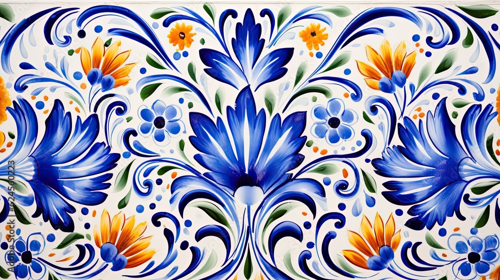 hand-painted ceramic tiles in a floral theme, for a horizontal background, product display/mock-up with copy space.  Decor-themed in a JPG format. Generative AI